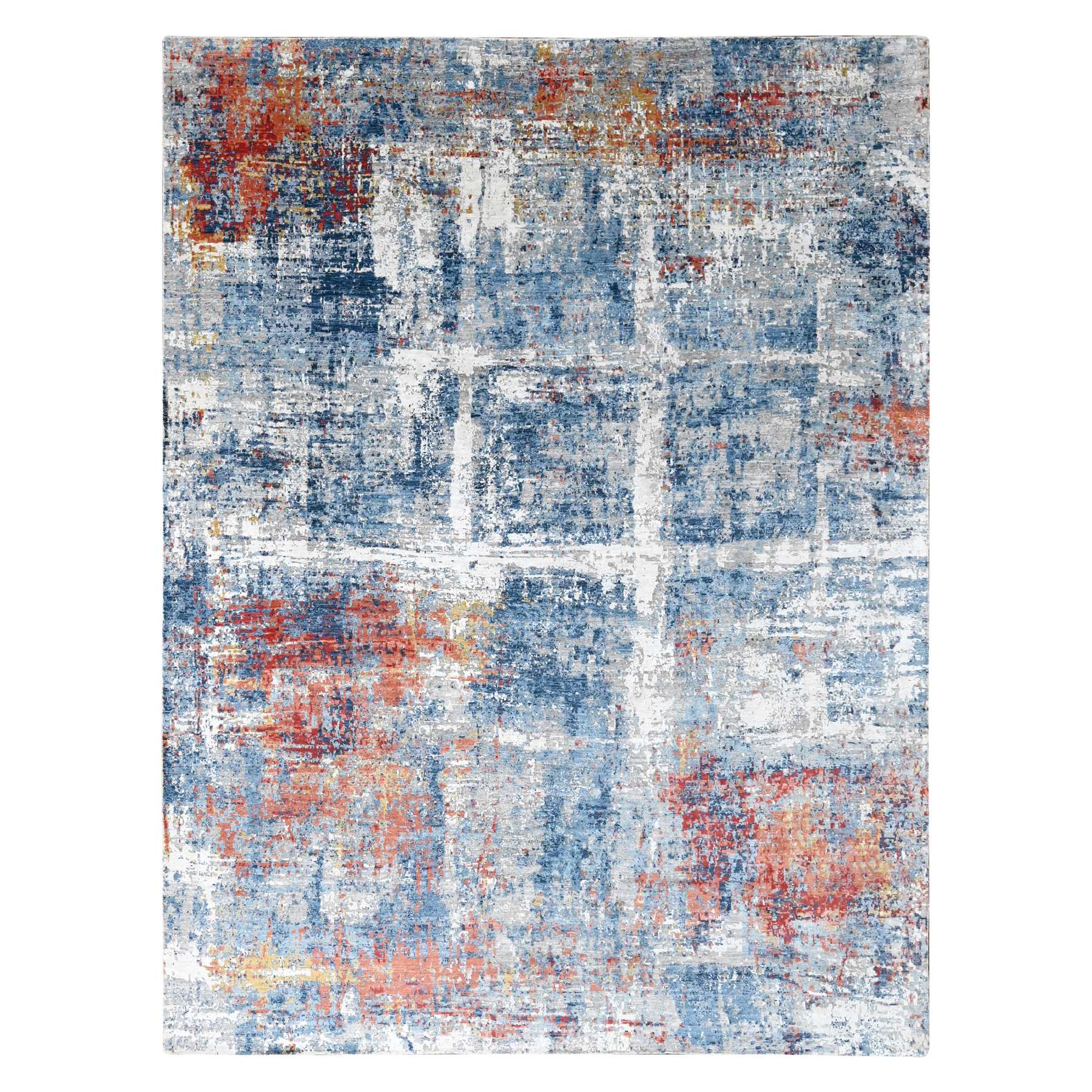 Imperial Blue and Earth Tone Colors, Abstract Design with Nepali Weave, Shiny Plant Based Silk, Hand Knotted, Oriental Rug